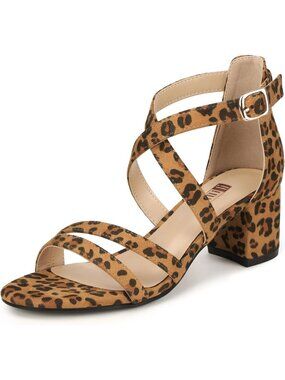 Women's Leopard Suede Comfortable Open Toe Ankle Strap Low Chunky Heeled Sandals